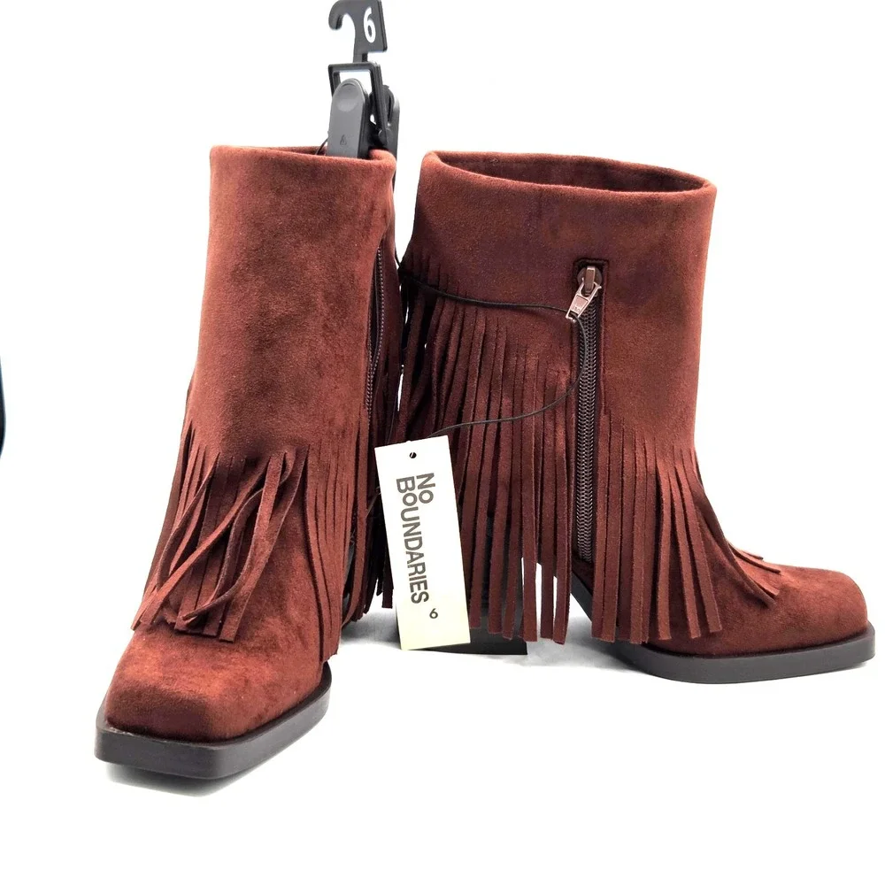 NEW Brown Suede Fringe Ankle Boots Booties Block Heel Zip Up Square Toe Size 6